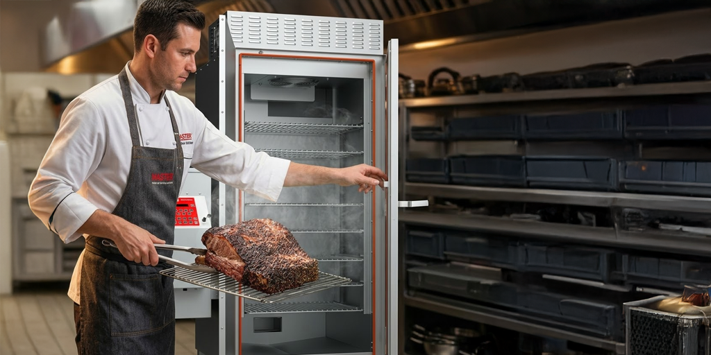Chef using a Cookshack commercial smoker in a professional kitchen
