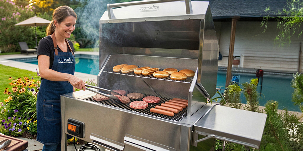 Cooking with a Cookshack smoker in a backyard patio setting